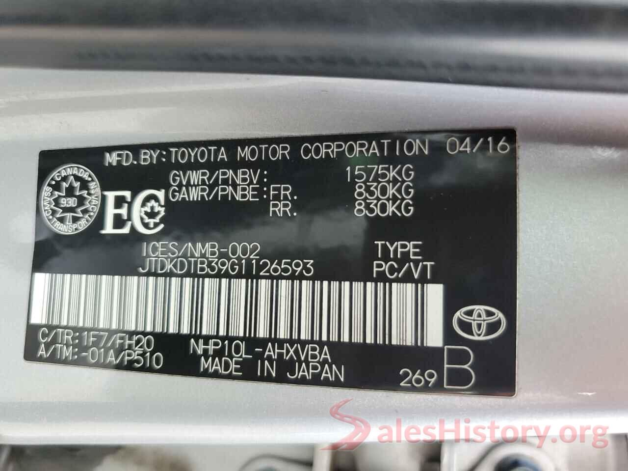 JTDKDTB39G1126593 2016 TOYOTA PRIUS