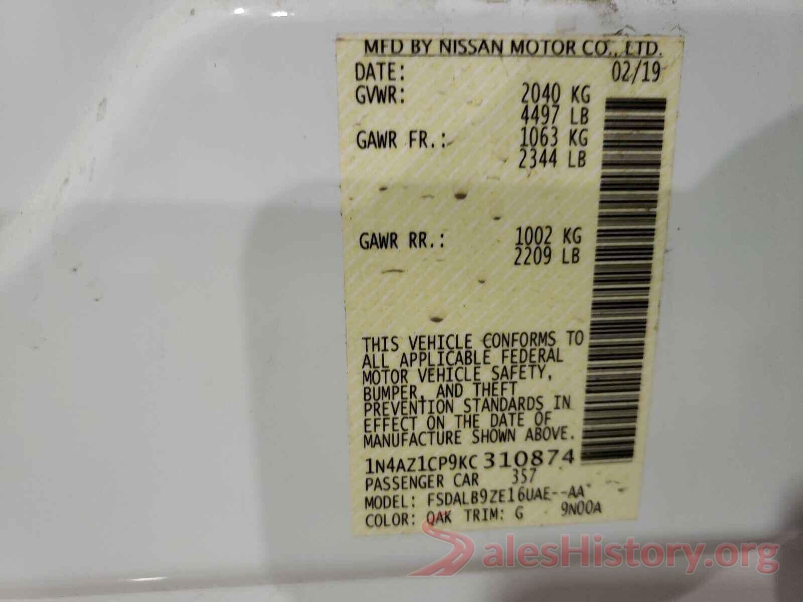 1N4AZ1CP9KC310874 2019 NISSAN LEAF