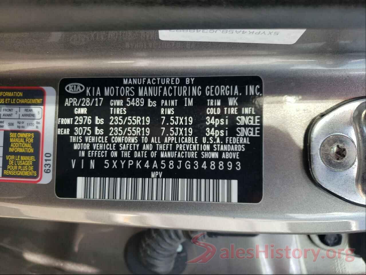 5XYPK4A58JG348893 2018 KIA SORENTO