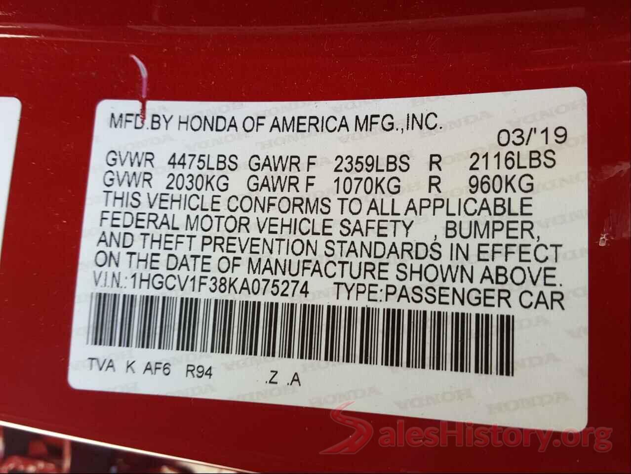 1HGCV1F38KA075274 2019 HONDA ACCORD