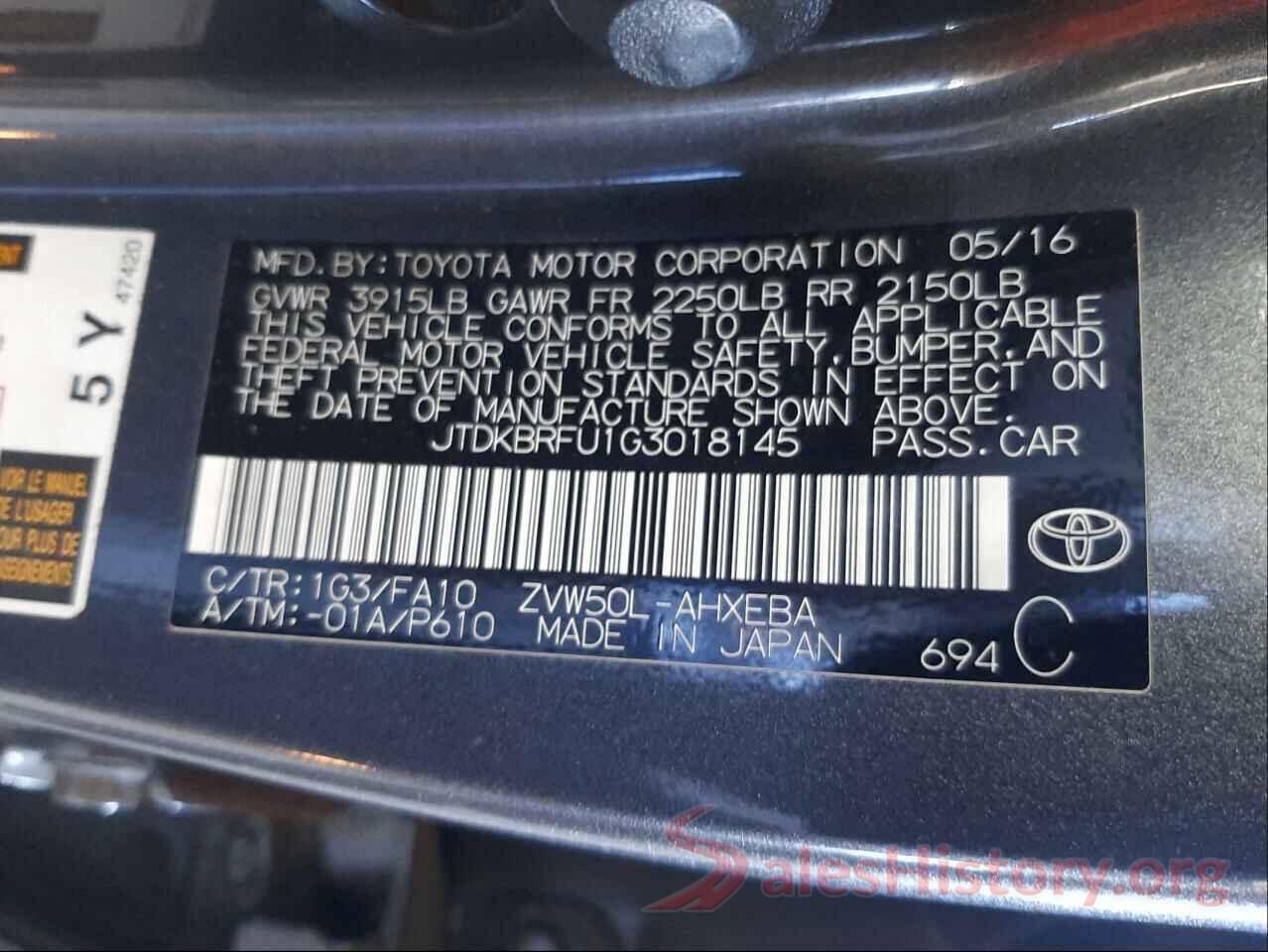 JTDKBRFU1G3018145 2016 TOYOTA PRIUS