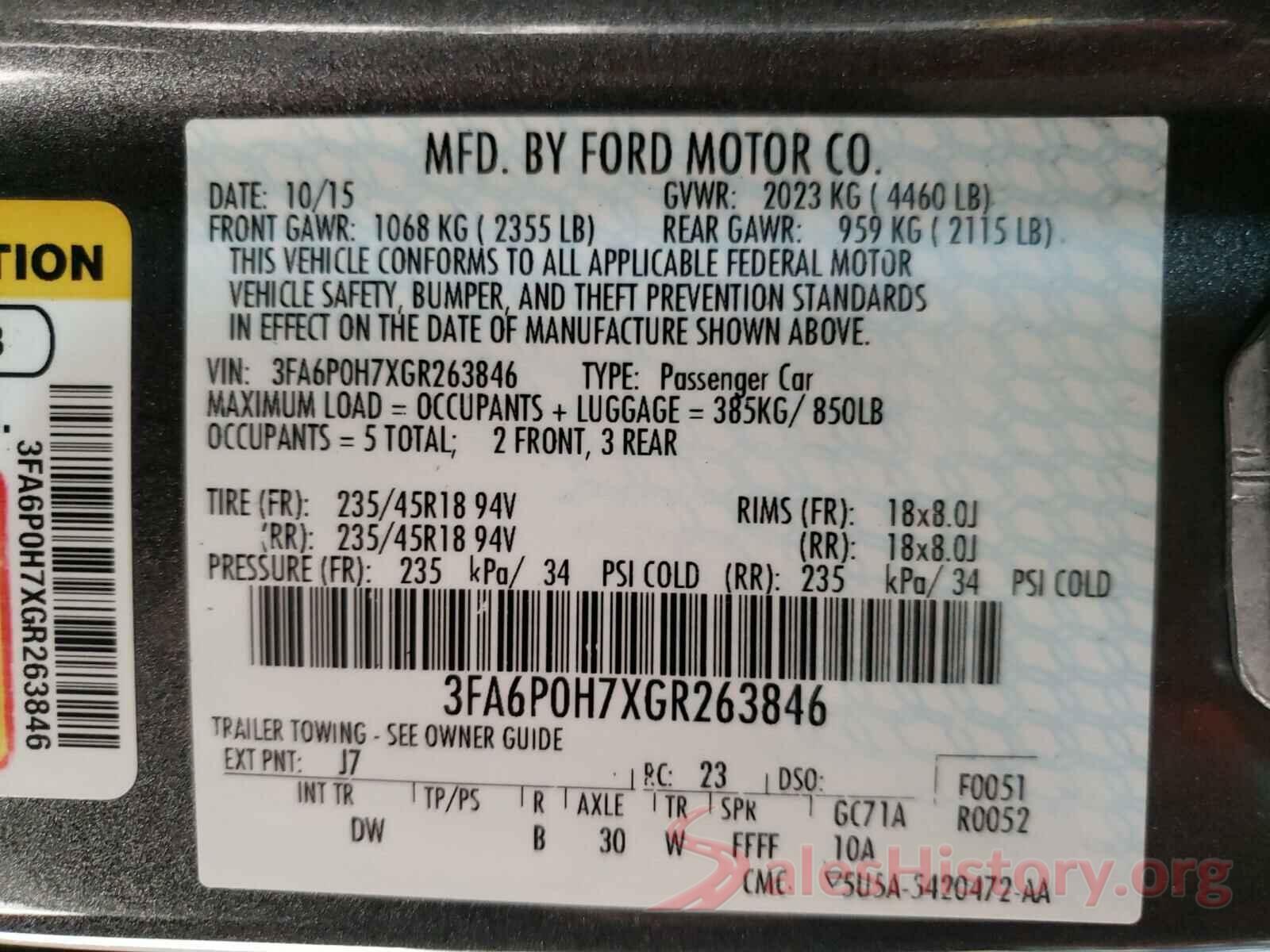 3FA6P0H7XGR263846 2016 FORD FUSION