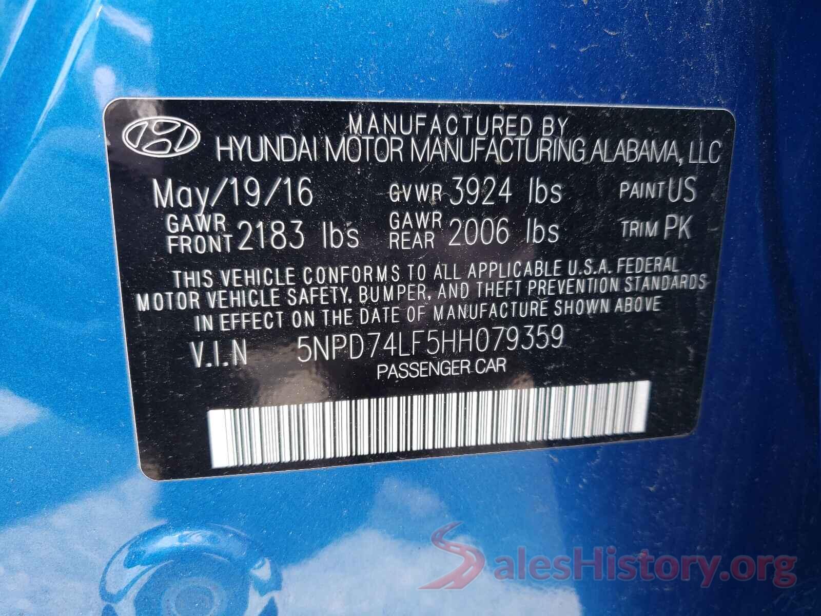 5NPD74LF5HH079359 2017 HYUNDAI ELANTRA