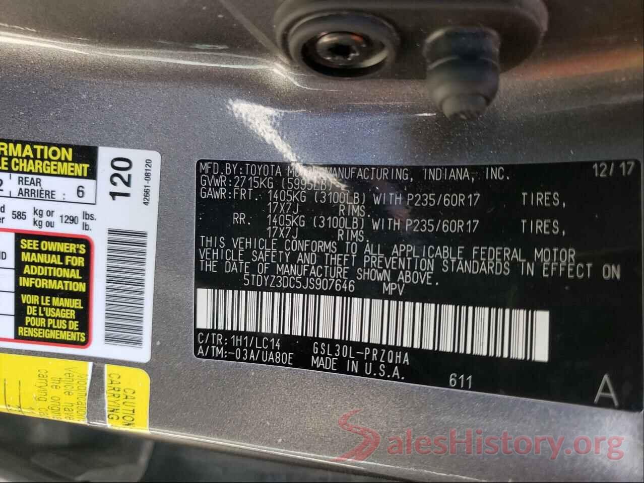 5TDYZ3DC5JS907646 2018 TOYOTA SIENNA