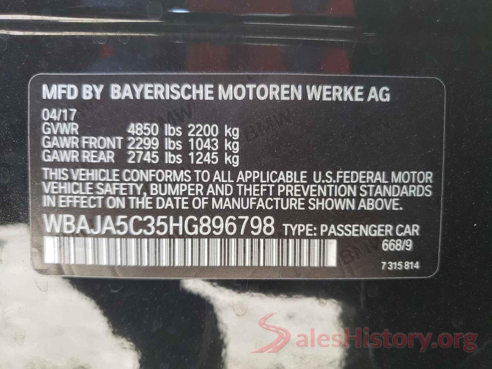 WBAJA5C35HG896798 2017 BMW 5 SERIES