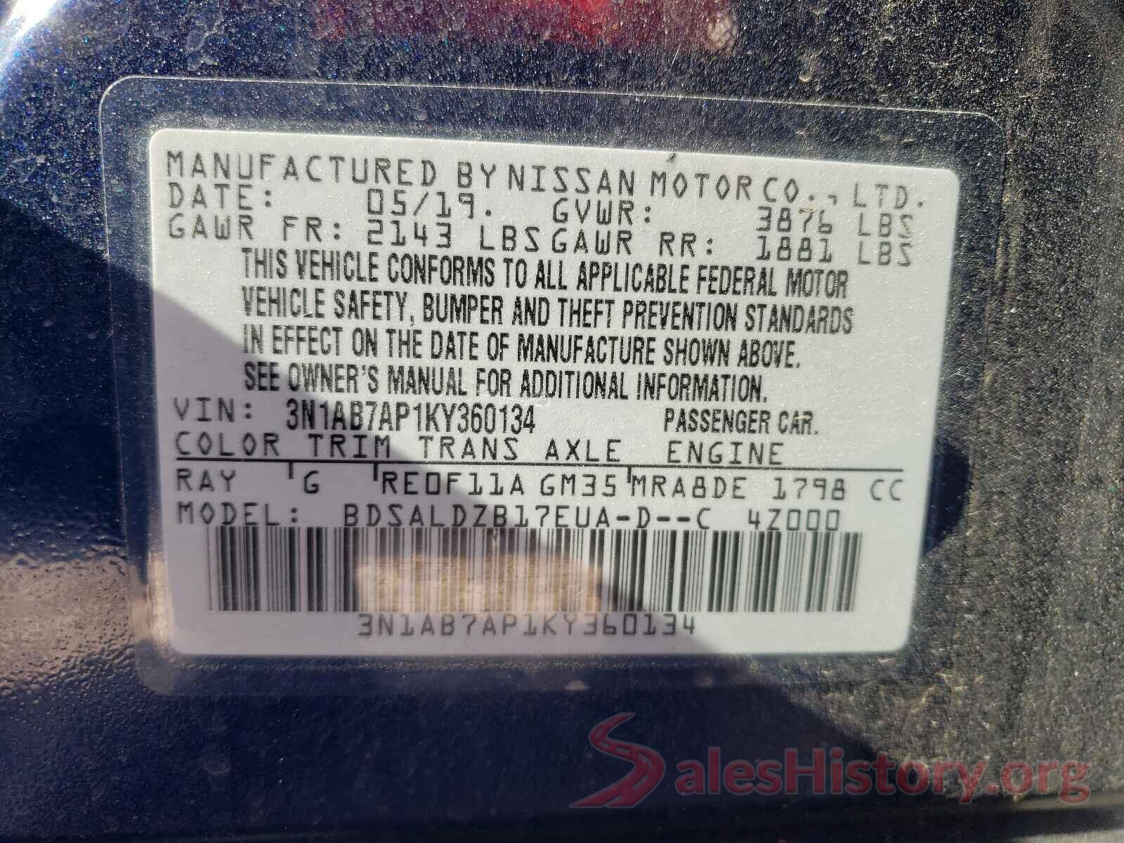 3N1AB7AP1KY360134 2019 NISSAN SENTRA