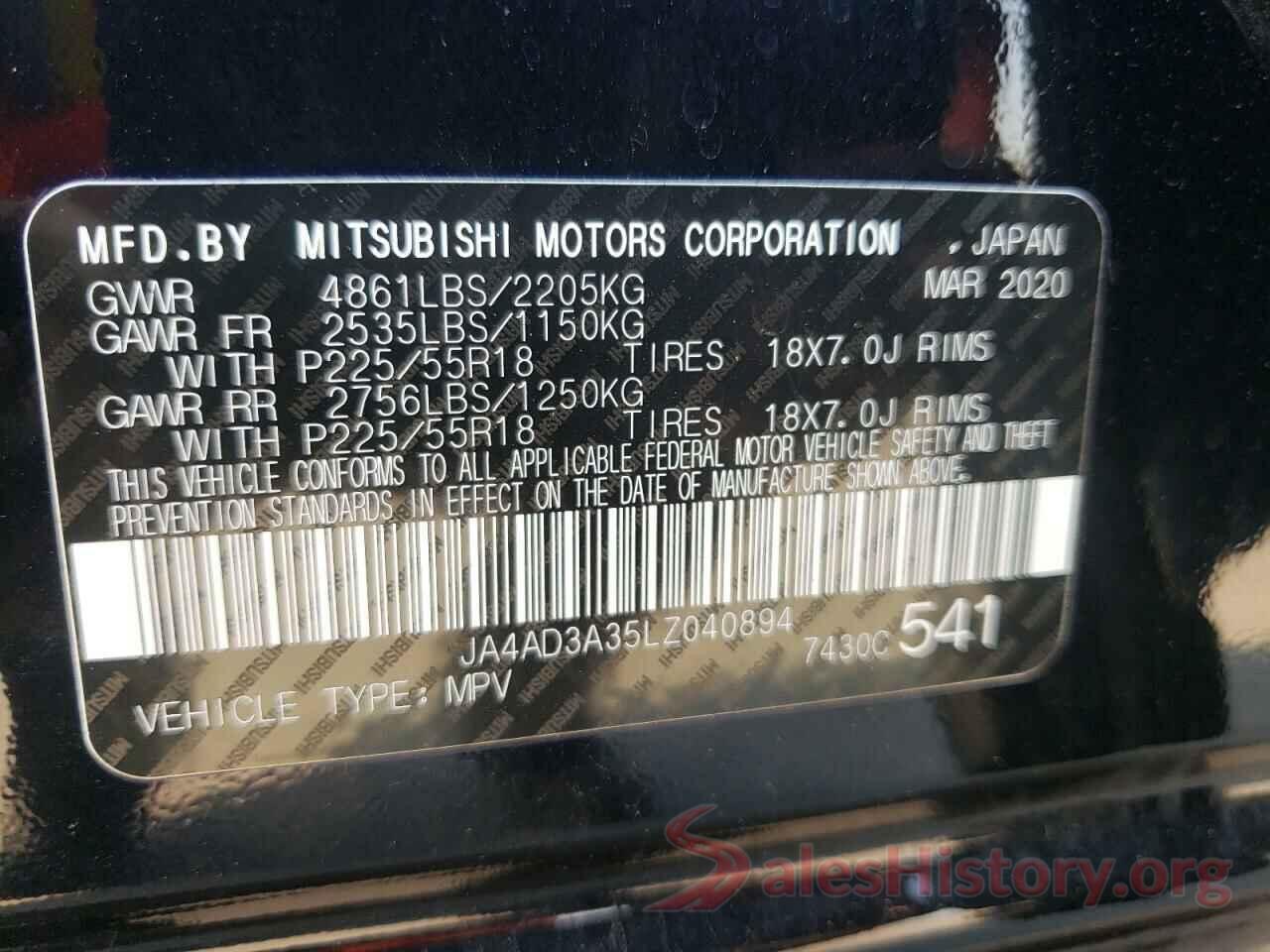 JA4AD3A35LZ040894 2020 MITSUBISHI OUTLANDER