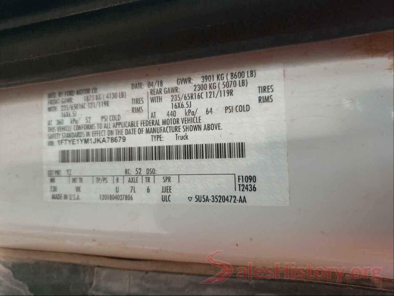 1FTYE1YM1JKA78679 2018 FORD TRANSIT CO