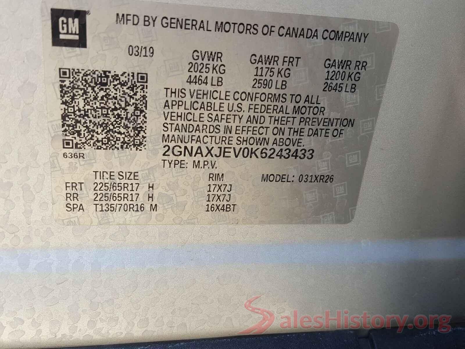 2GNAXJEV0K6243433 2019 CHEVROLET EQUINOX