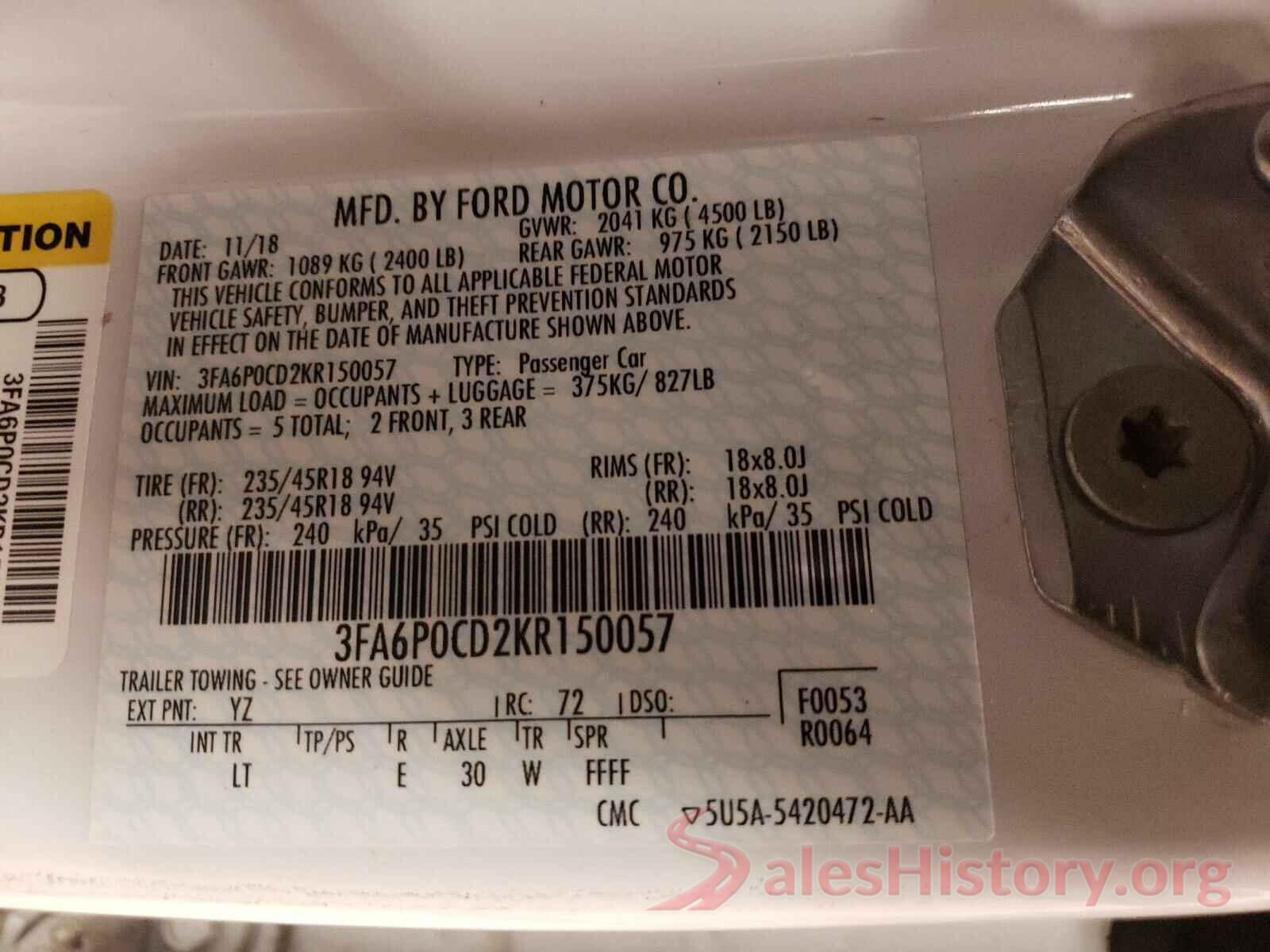 3FA6P0CD2KR150057 2019 FORD FUSION