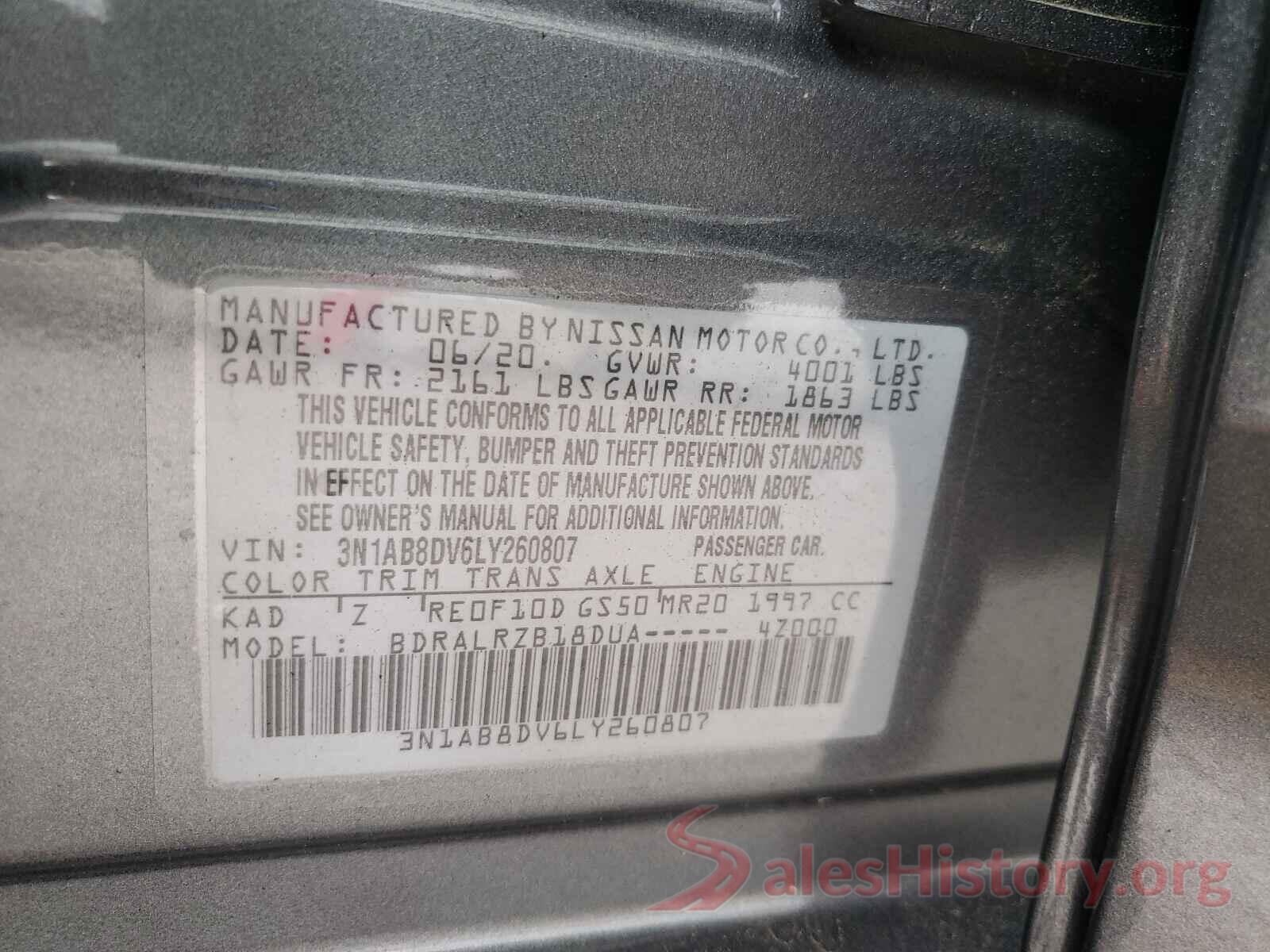 3N1AB8DV6LY260807 2020 NISSAN SENTRA