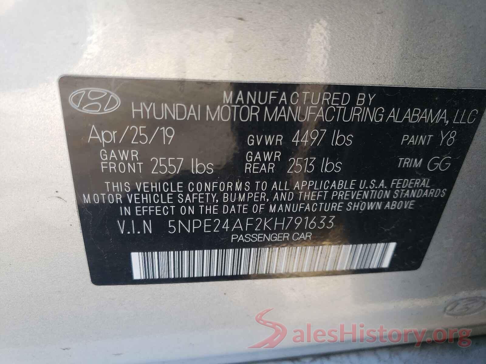 5NPE24AF2KH791633 2019 HYUNDAI SONATA