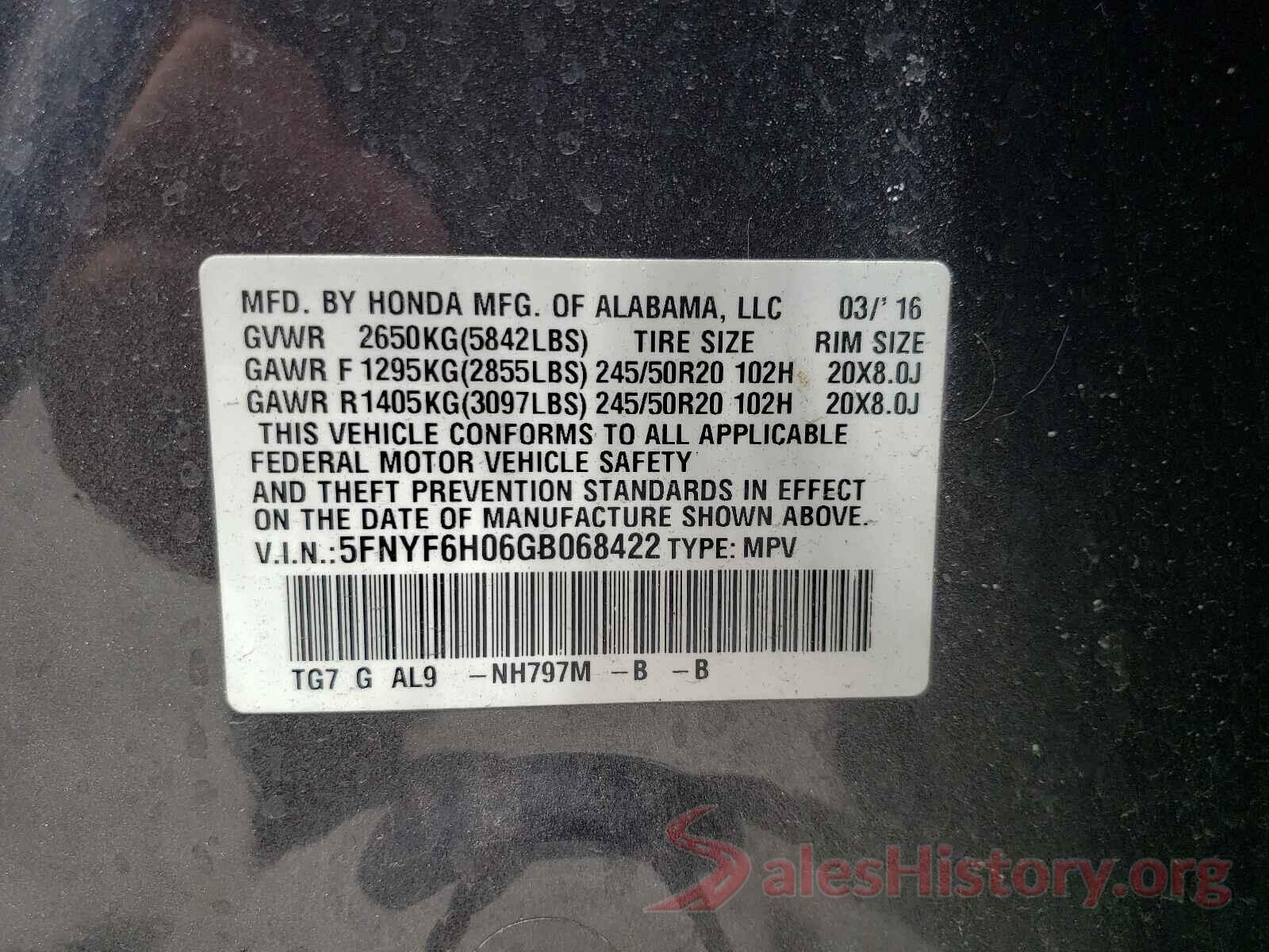 5FNYF6H06GB068422 2016 HONDA PILOT