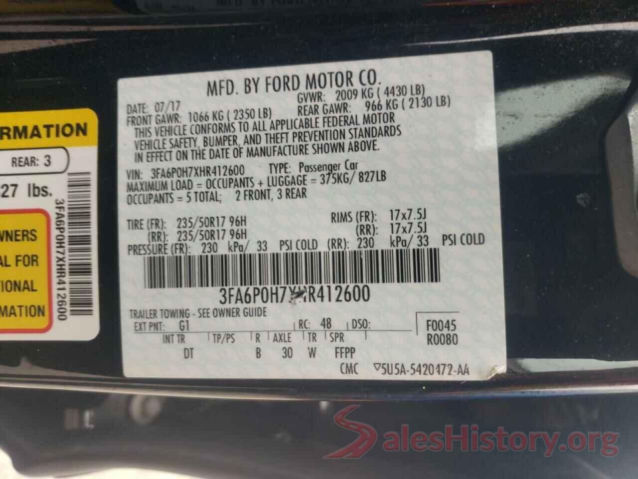 3FA6P0H7XHR412600 2017 FORD FUSION