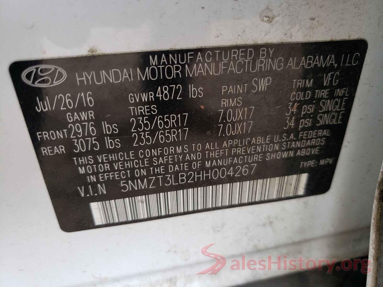 5NMZT3LB2HH004267 2017 HYUNDAI SANTA FE