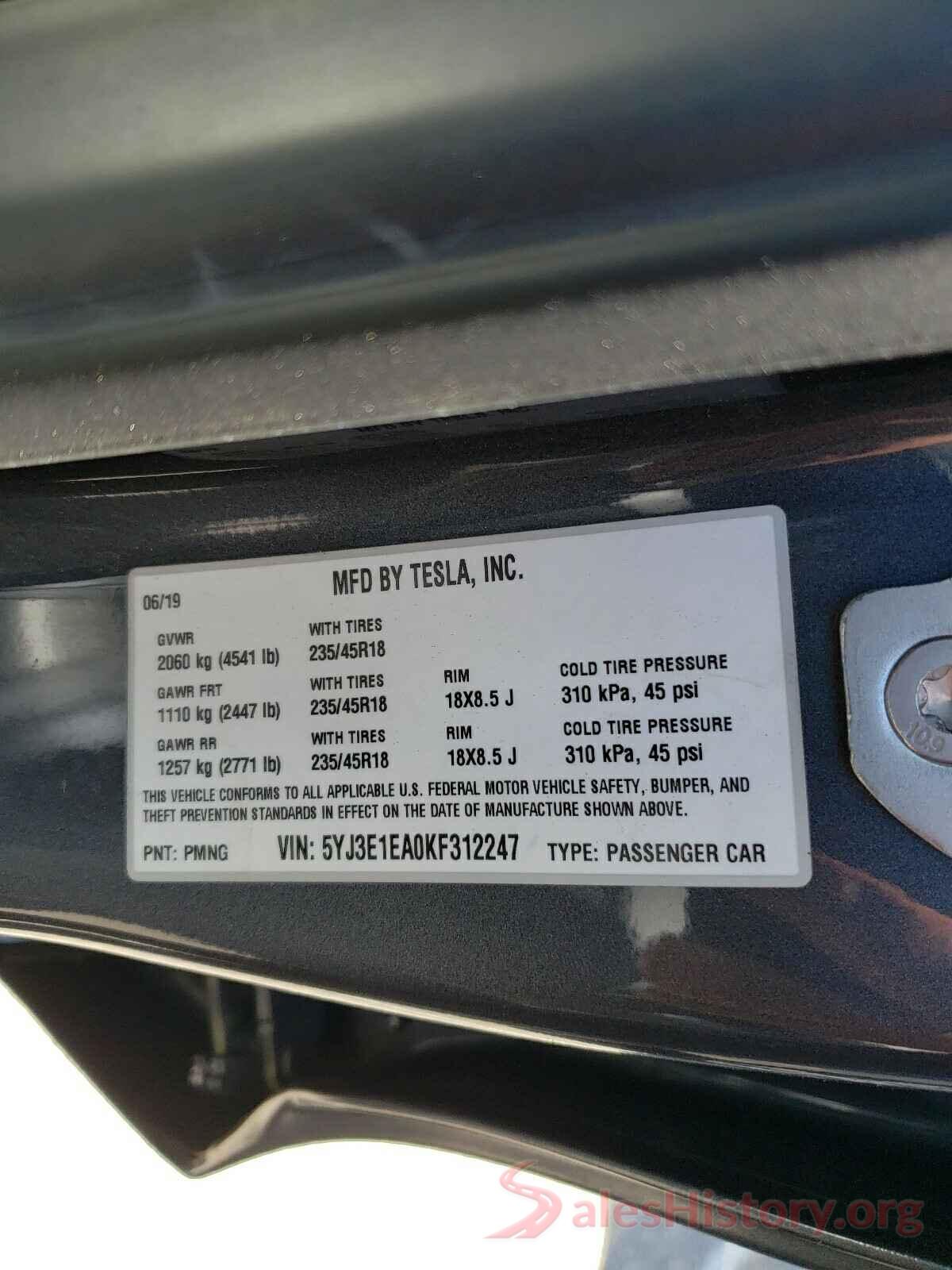 5YJ3E1EA0KF312247 2019 TESLA MODEL 3