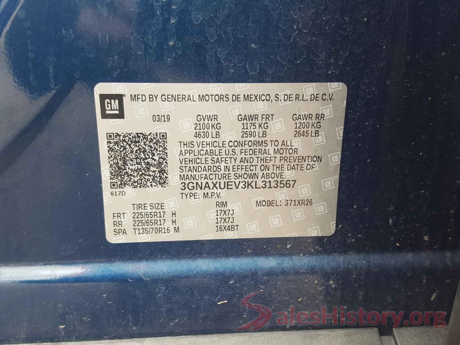 3GNAXUEV3KL313567 2019 CHEVROLET EQUINOX