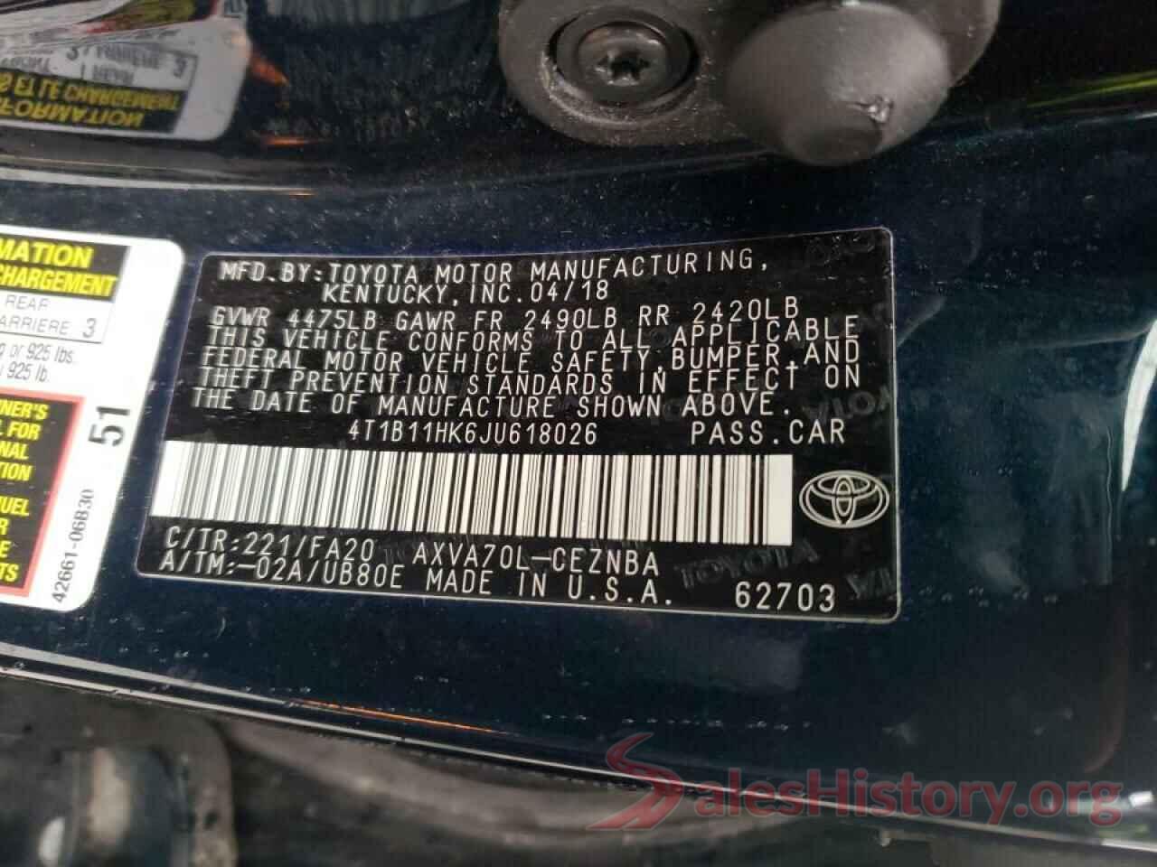 4T1B11HK6JU618026 2018 TOYOTA CAMRY