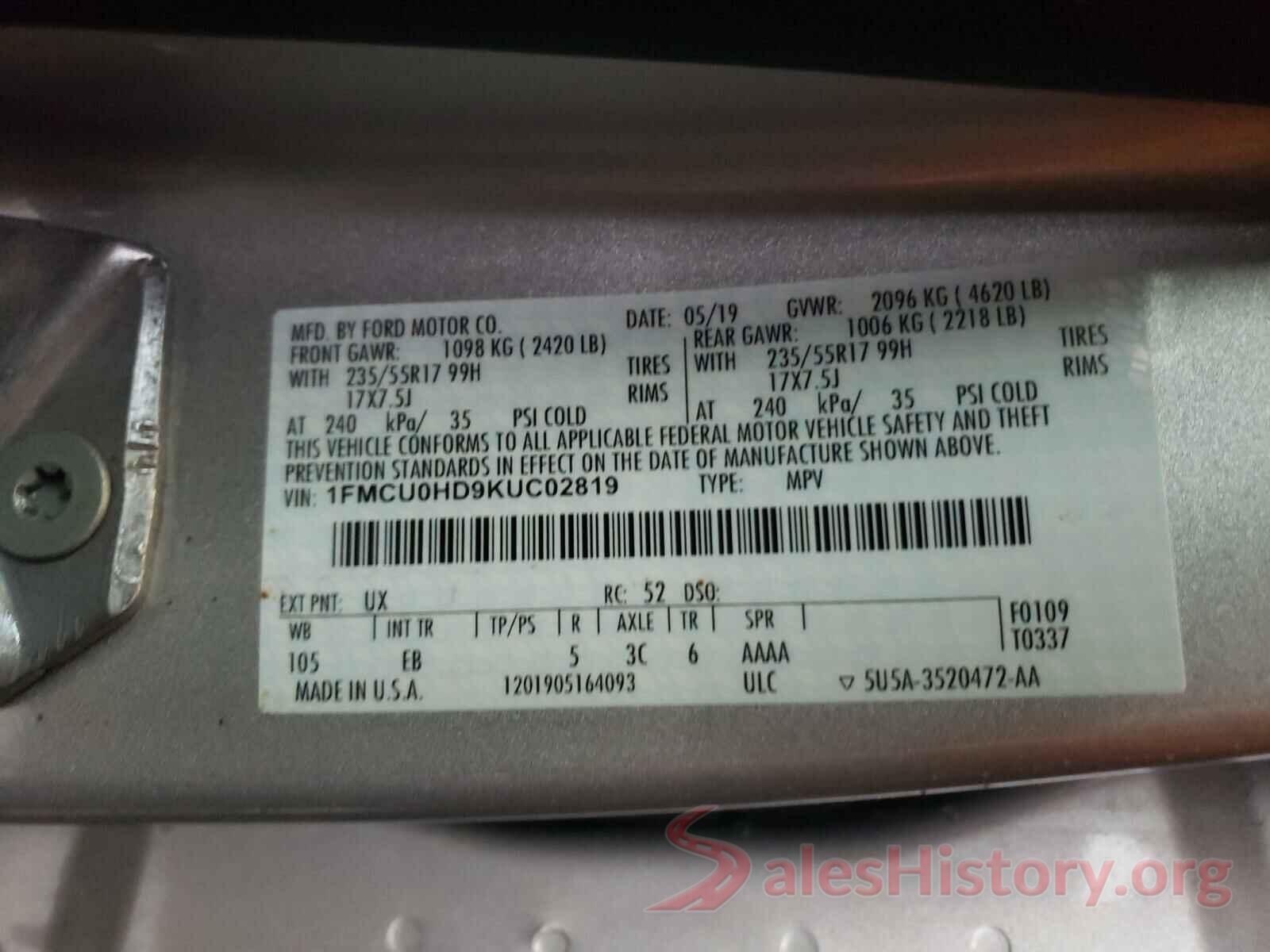 1FMCU0HD9KUC02819 2019 FORD ESCAPE