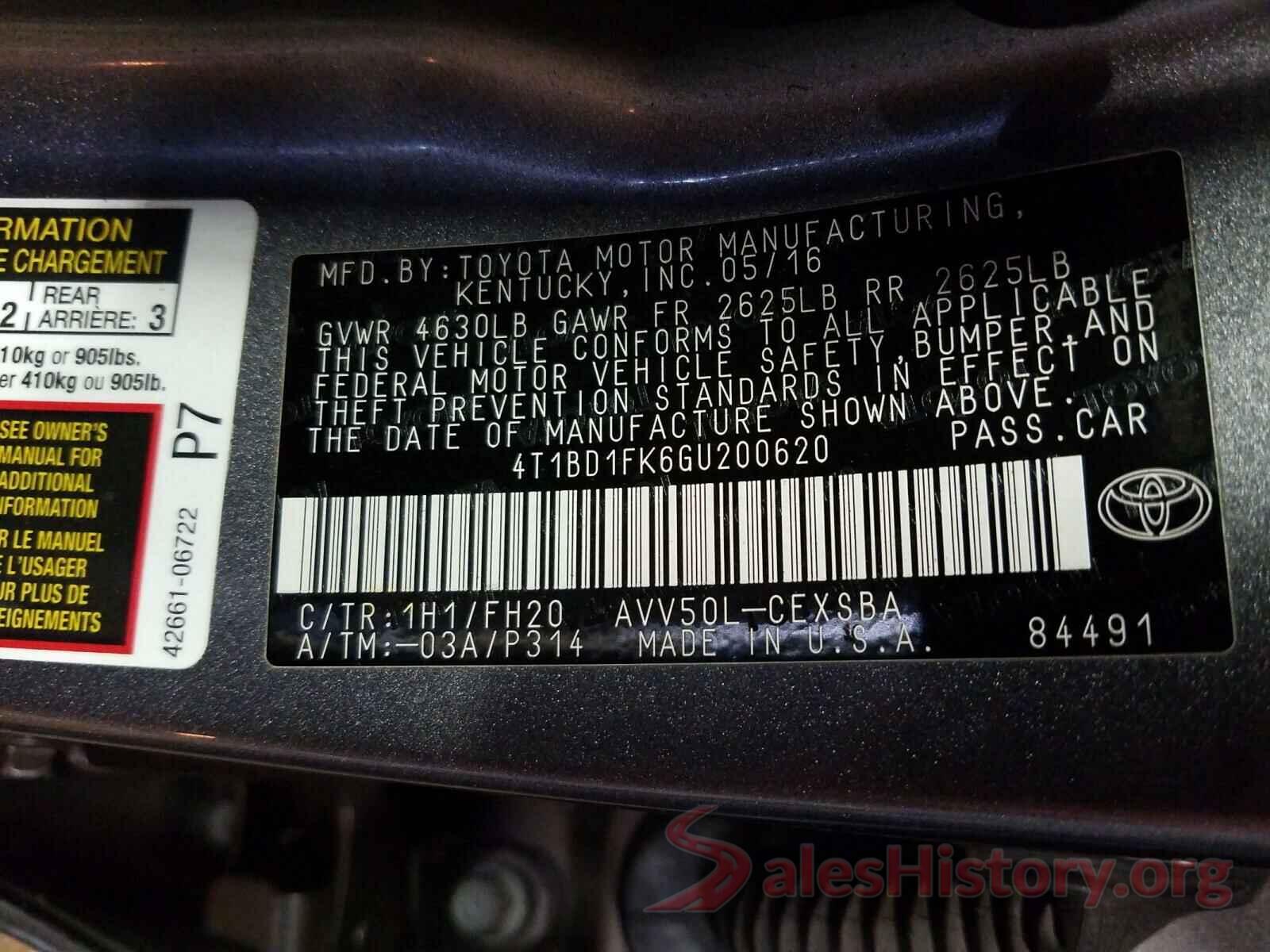 4T1BD1FK6GU200620 2016 TOYOTA CAMRY