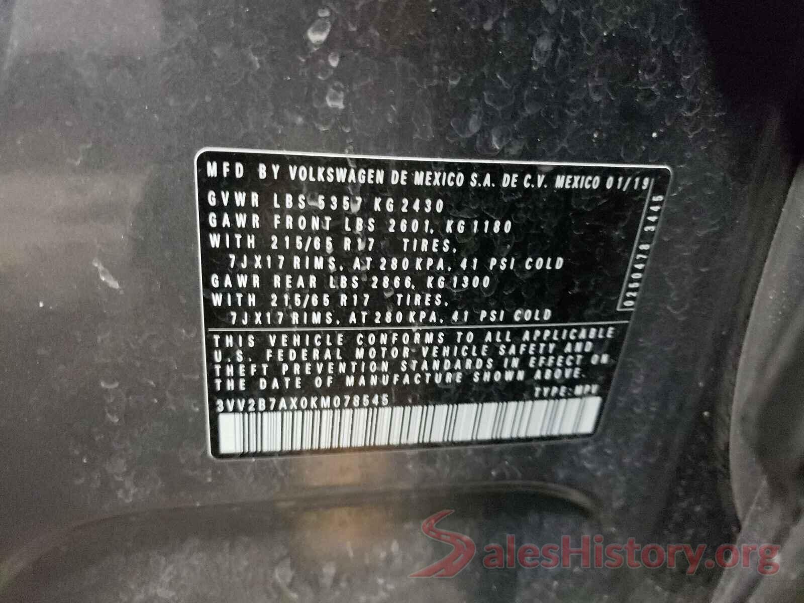 3VV2B7AX0KM078545 2019 VOLKSWAGEN TIGUAN