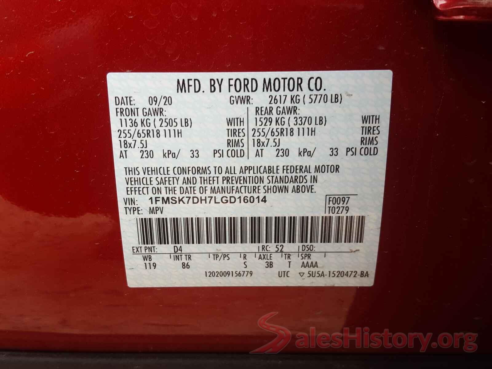 1FMSK7DH7LGD16014 2020 FORD EXPLORER