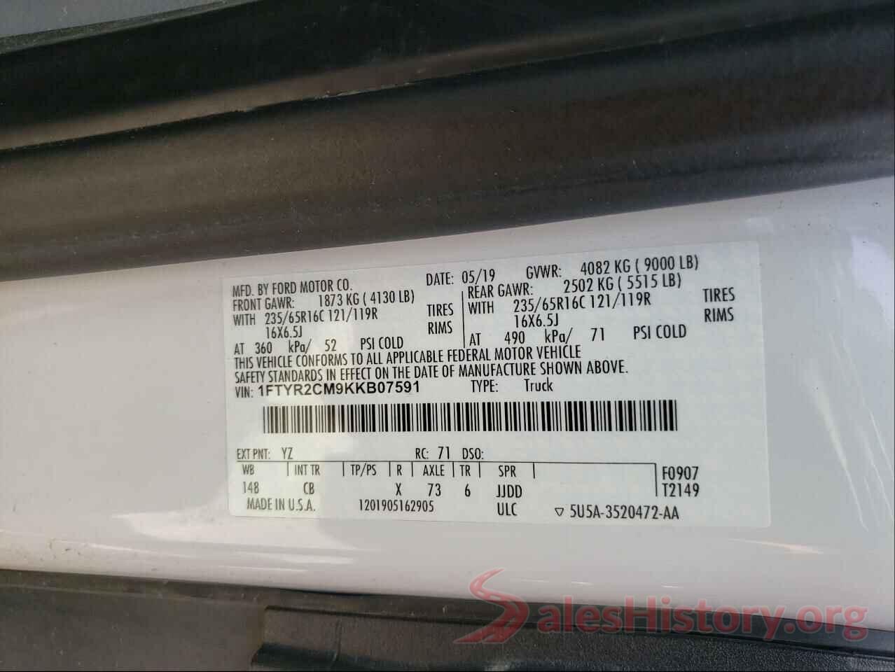 1FTYR2CM9KKB07591 2019 FORD TRANSIT CO