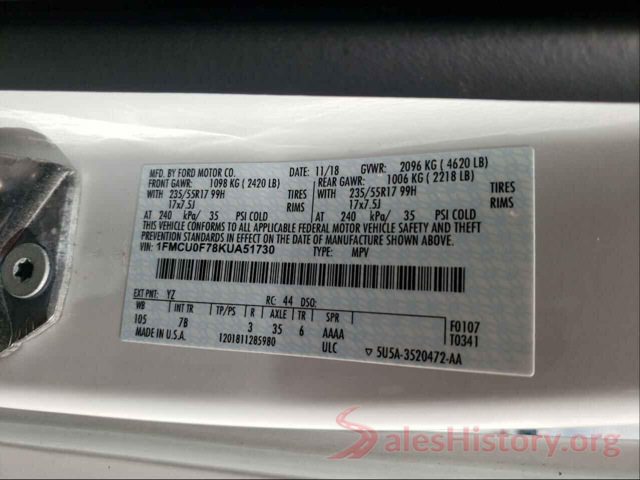 1FMCU0F78KUA51730 2019 FORD ESCAPE