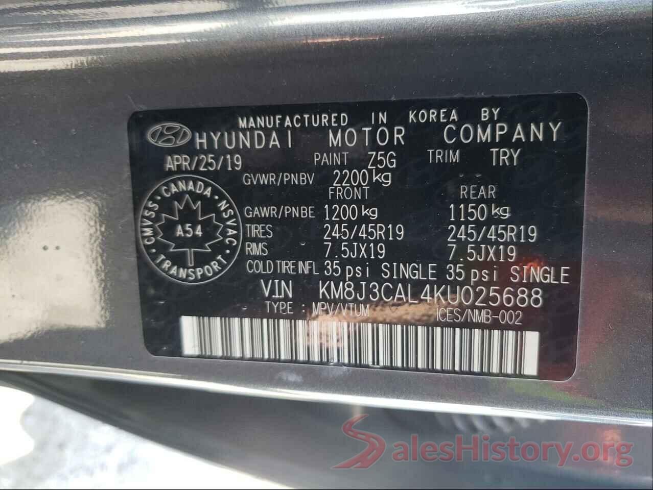 KM8J3CAL4KU025688 2019 HYUNDAI TUCSON