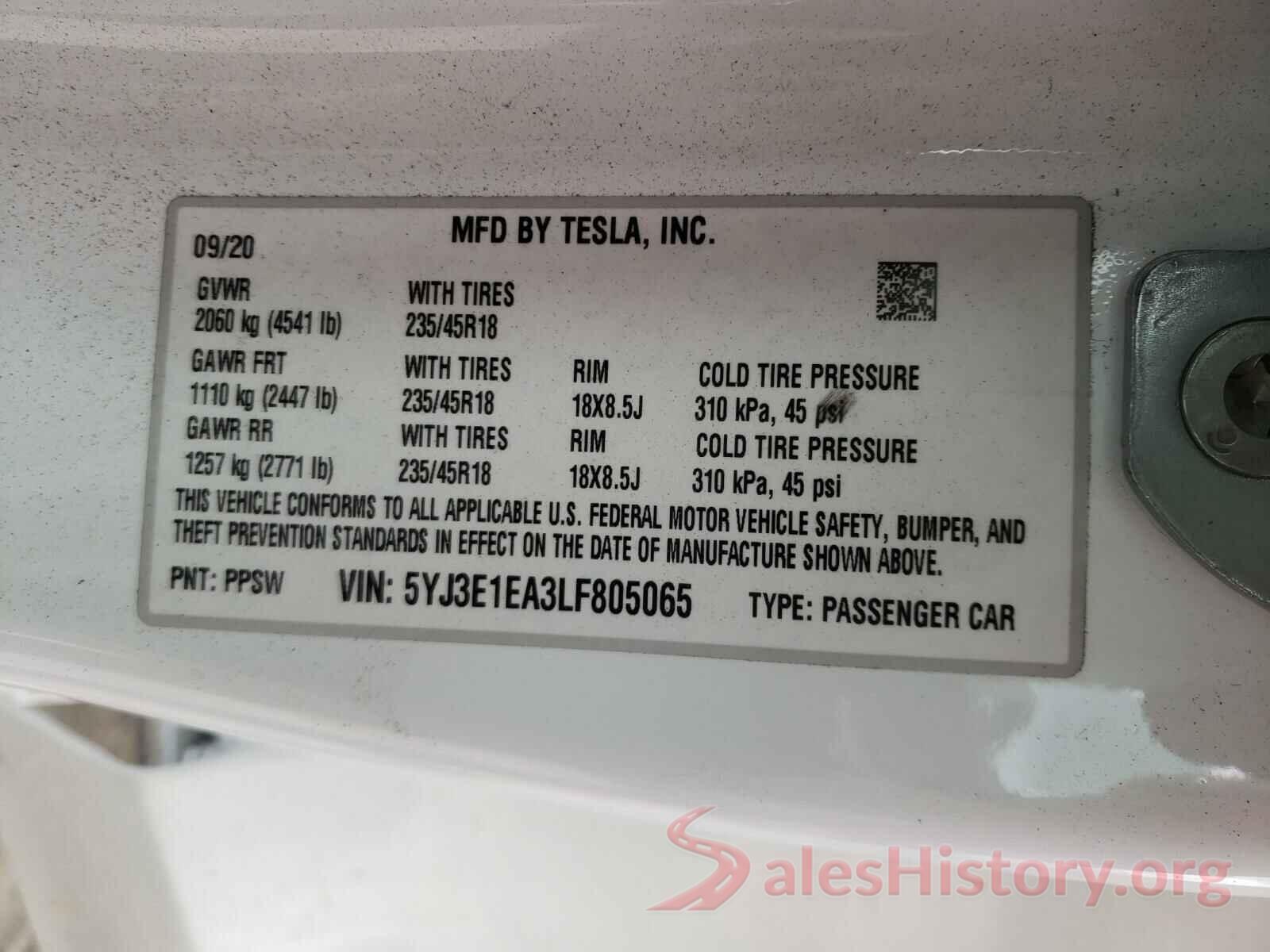 5YJ3E1EA3LF805065 2020 TESLA MODEL 3