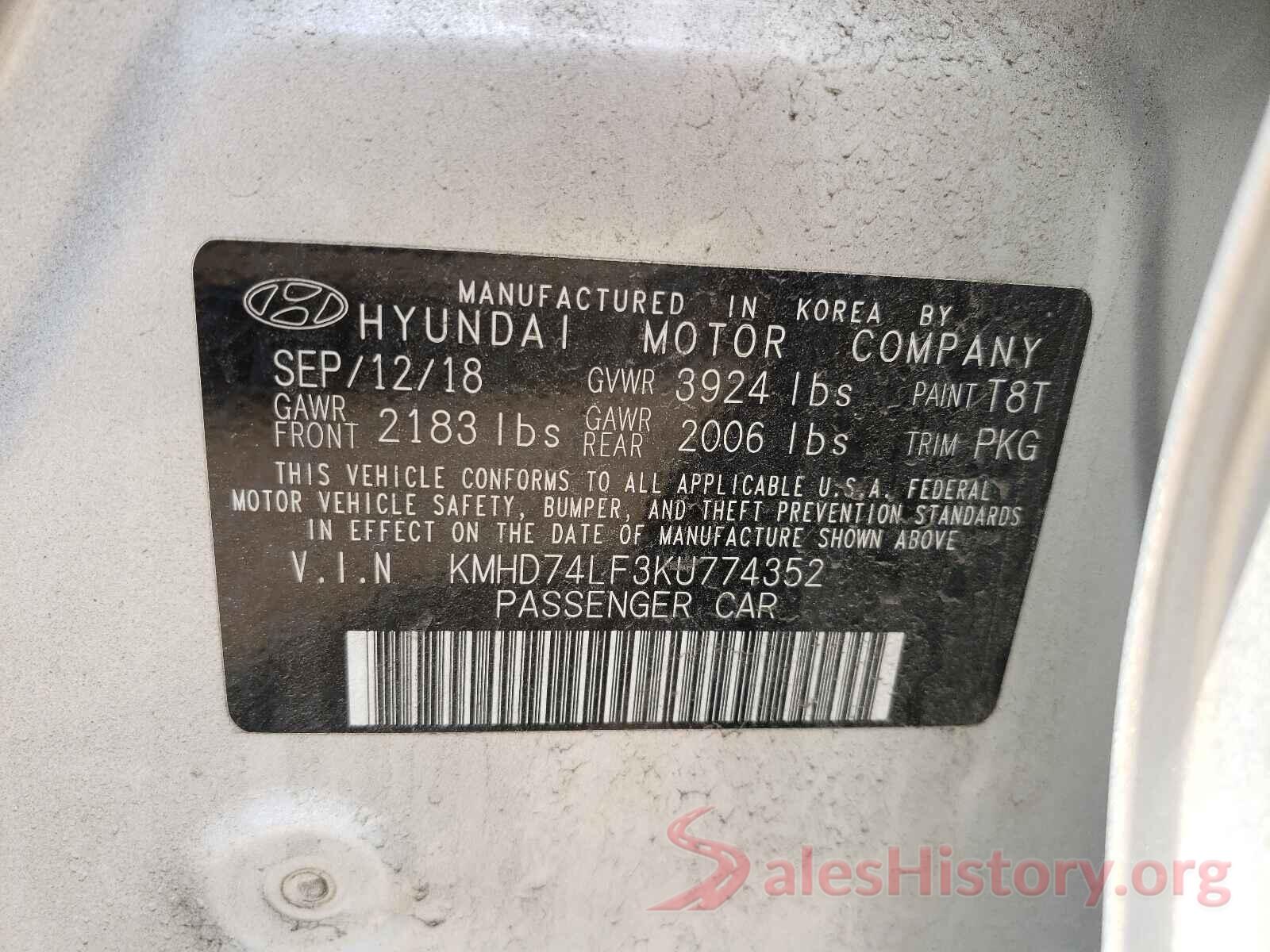 KMHD74LF3KU774352 2019 HYUNDAI ELANTRA