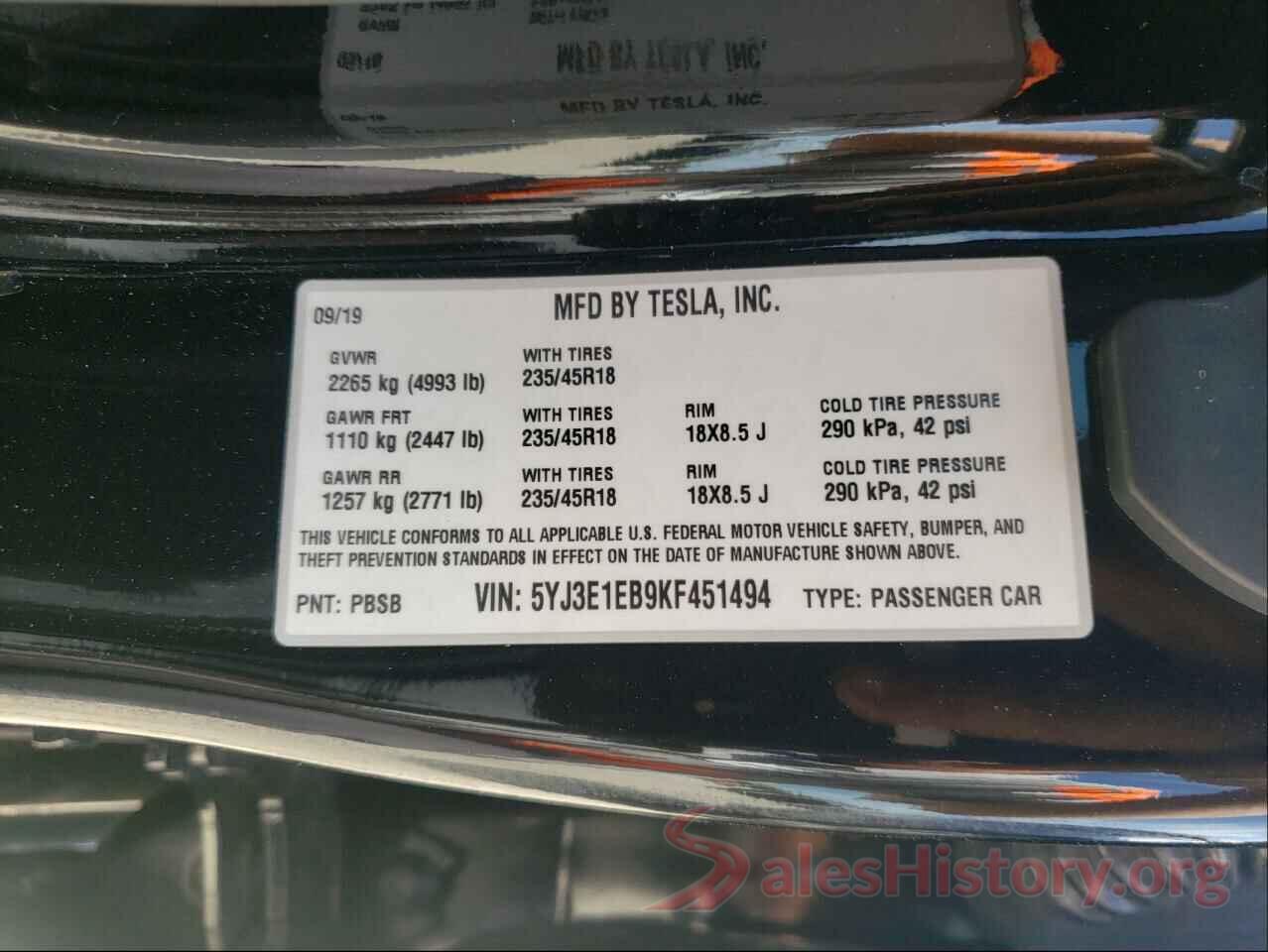 5YJ3E1EB9KF451494 2019 TESLA MODEL 3