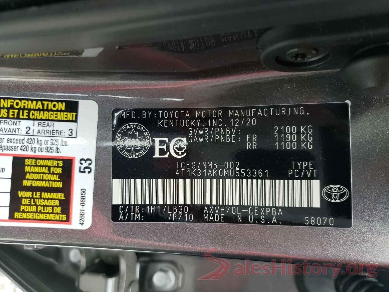 4T1K31AK0MU553361 2021 TOYOTA CAMRY