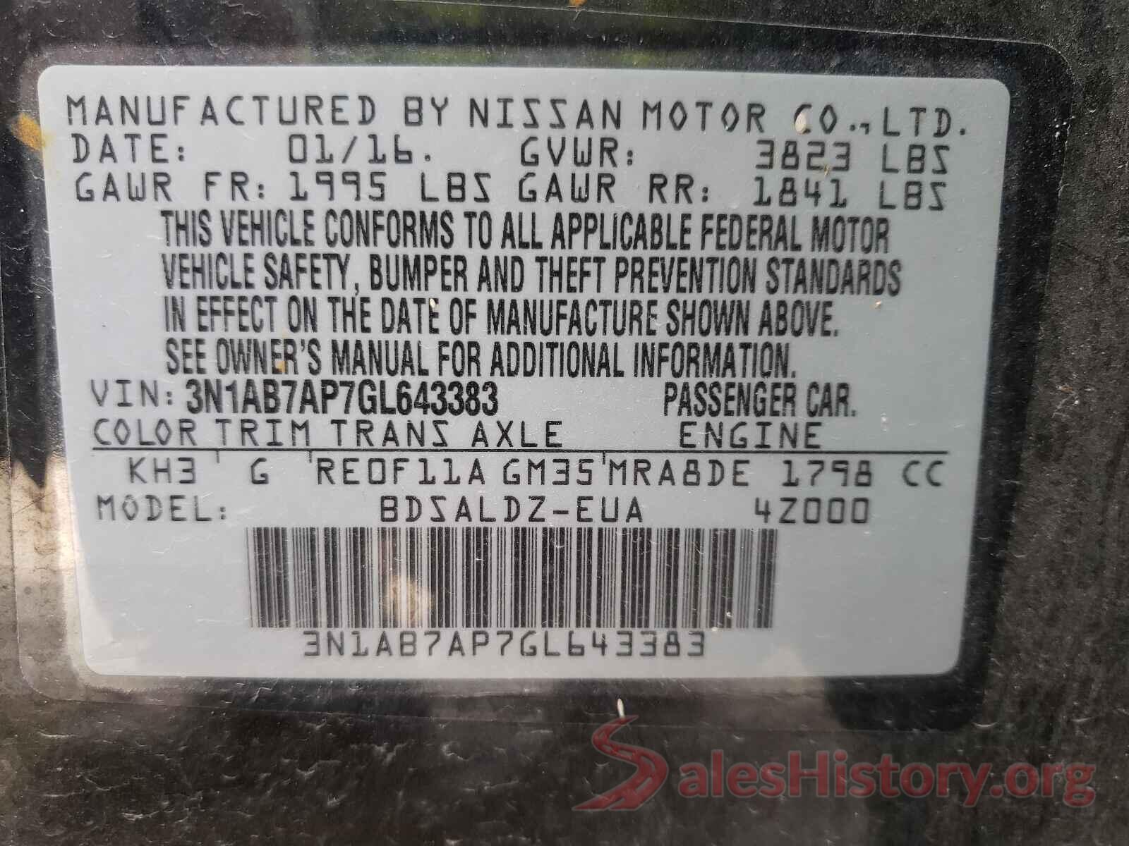 3N1AB7AP7GL643383 2016 NISSAN SENTRA