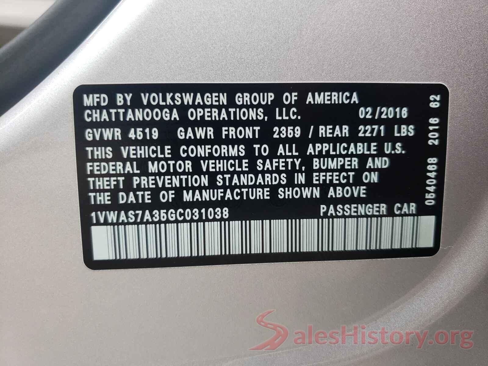 1VWAS7A35GC031038 2016 VOLKSWAGEN PASSAT