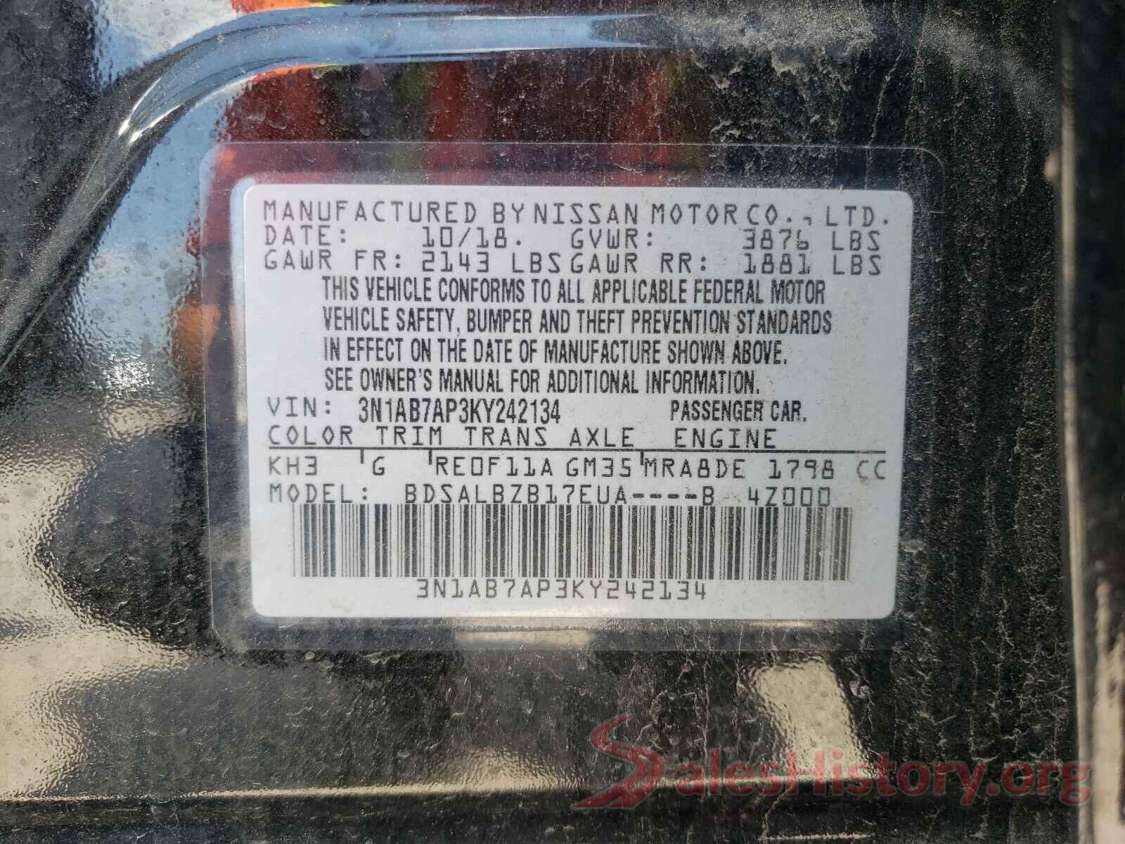 3N1AB7AP3KY242134 2019 NISSAN SENTRA