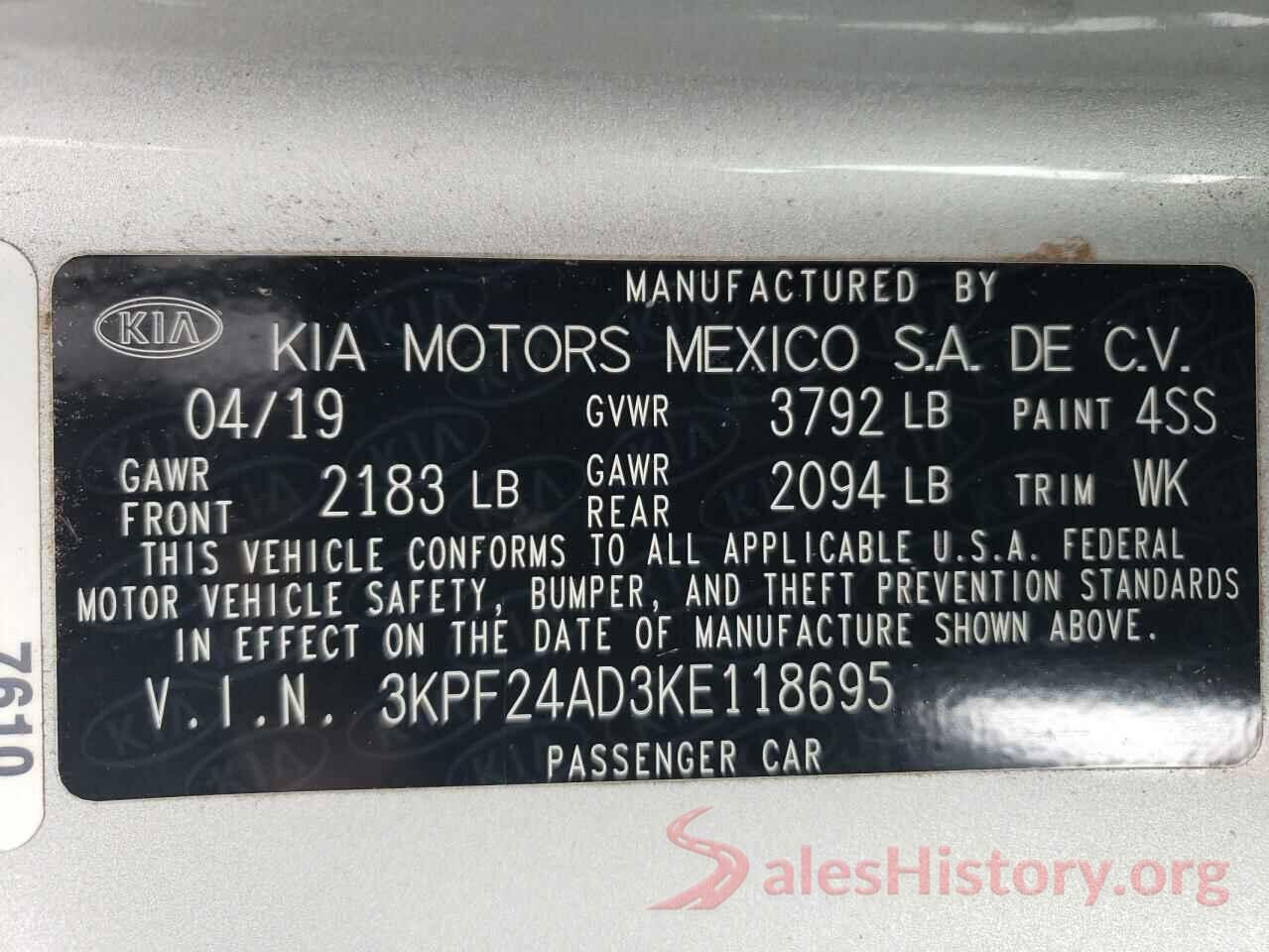 3KPF24AD3KE118695 2019 KIA FORTE