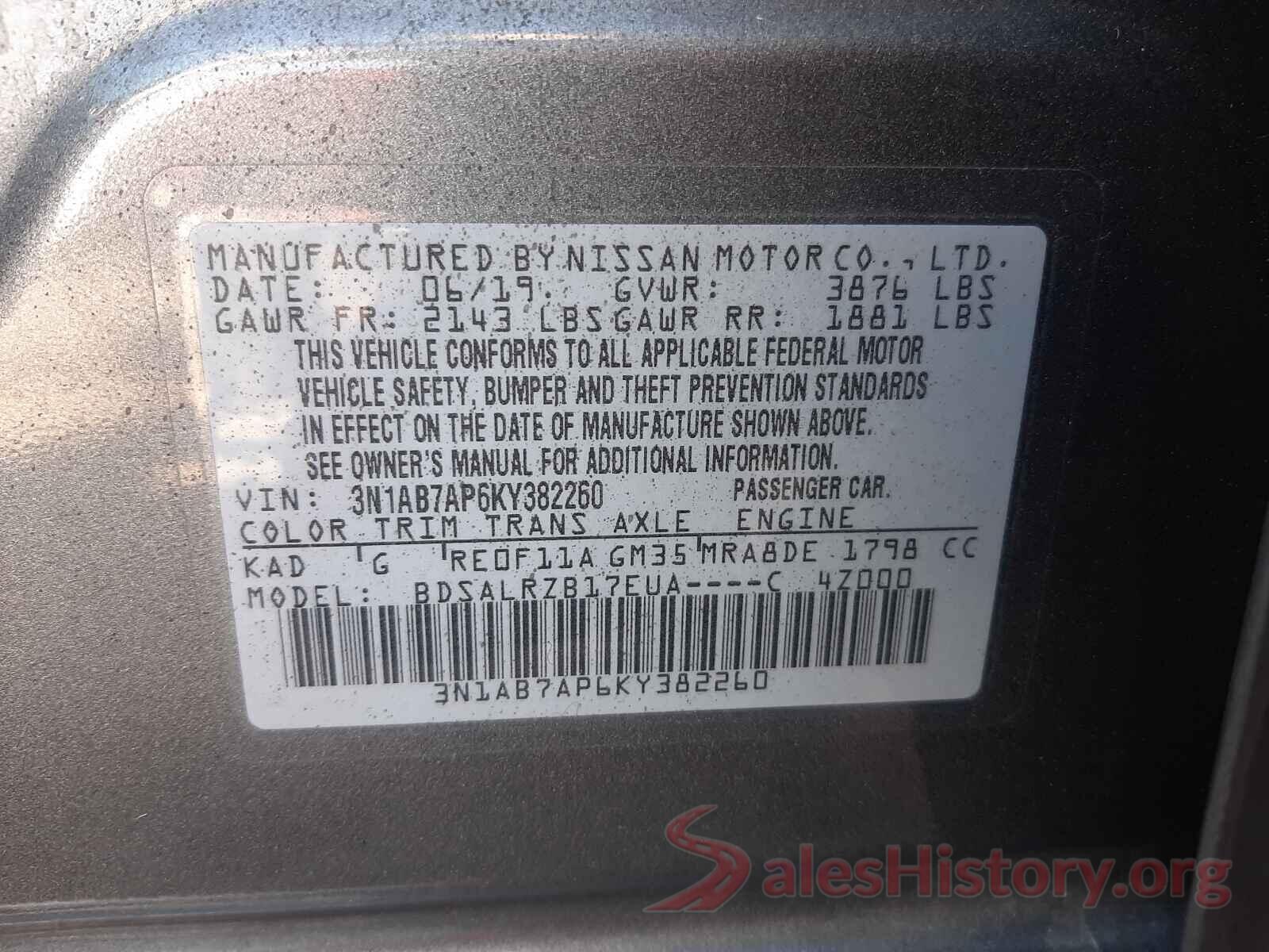 3N1AB7AP6KY382260 2019 NISSAN SENTRA