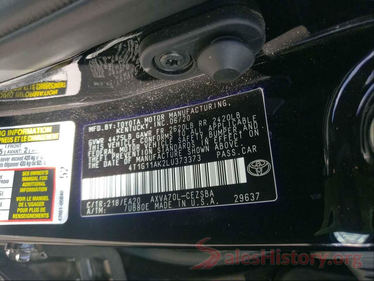 4T1G11AK2LU373373 2020 TOYOTA CAMRY