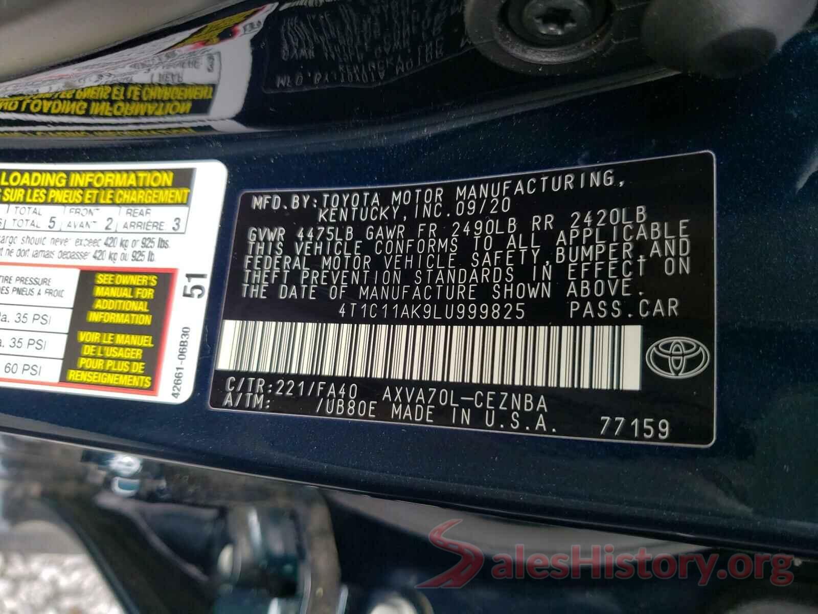 4T1C11AK9LU999825 2020 TOYOTA CAMRY