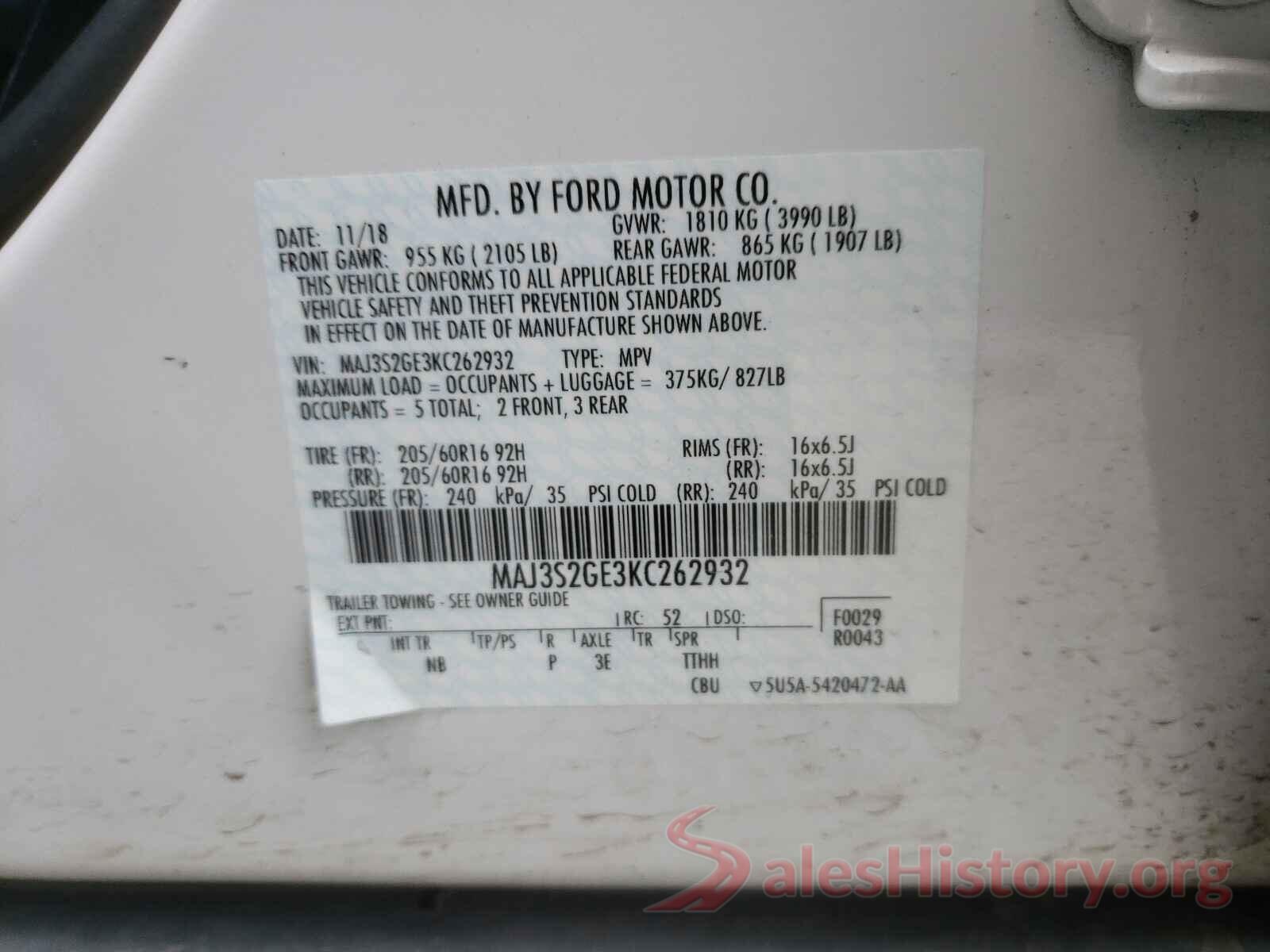 MAJ3S2GE3KC262932 2019 FORD ALL OTHER