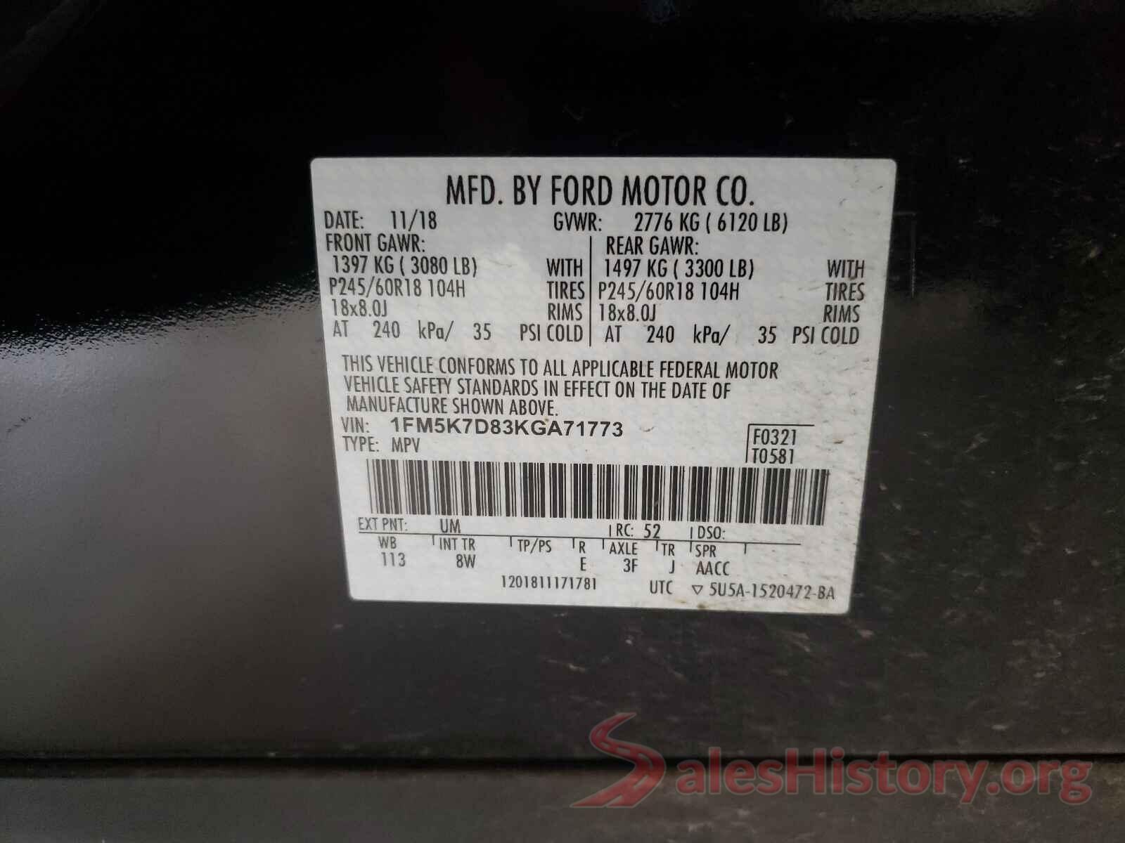 1FM5K7D83KGA71773 2019 FORD EXPLORER