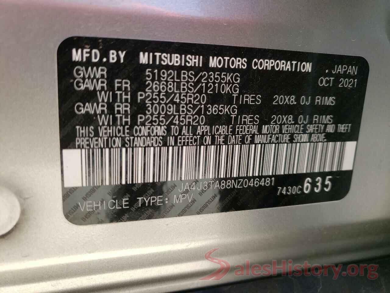 JA4J3TA88NZ046481 2022 MITSUBISHI OUTLANDER