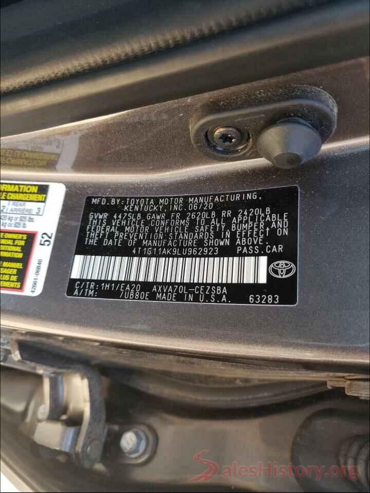 4T1G11AK9LU962923 2020 TOYOTA CAMRY