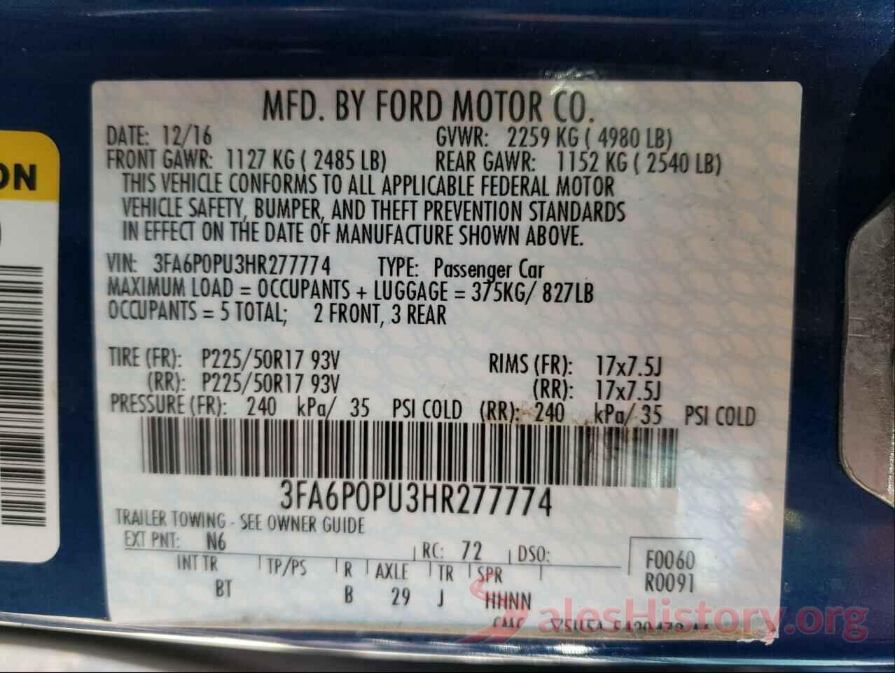 3FA6P0PU3HR277774 2017 FORD FUSION