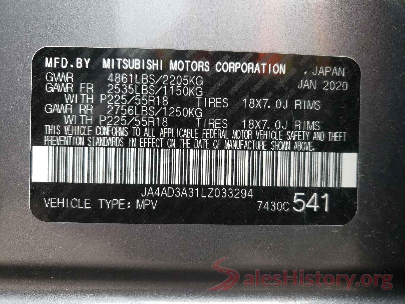 JA4AD3A31LZ033294 2020 MITSUBISHI OUTLANDER