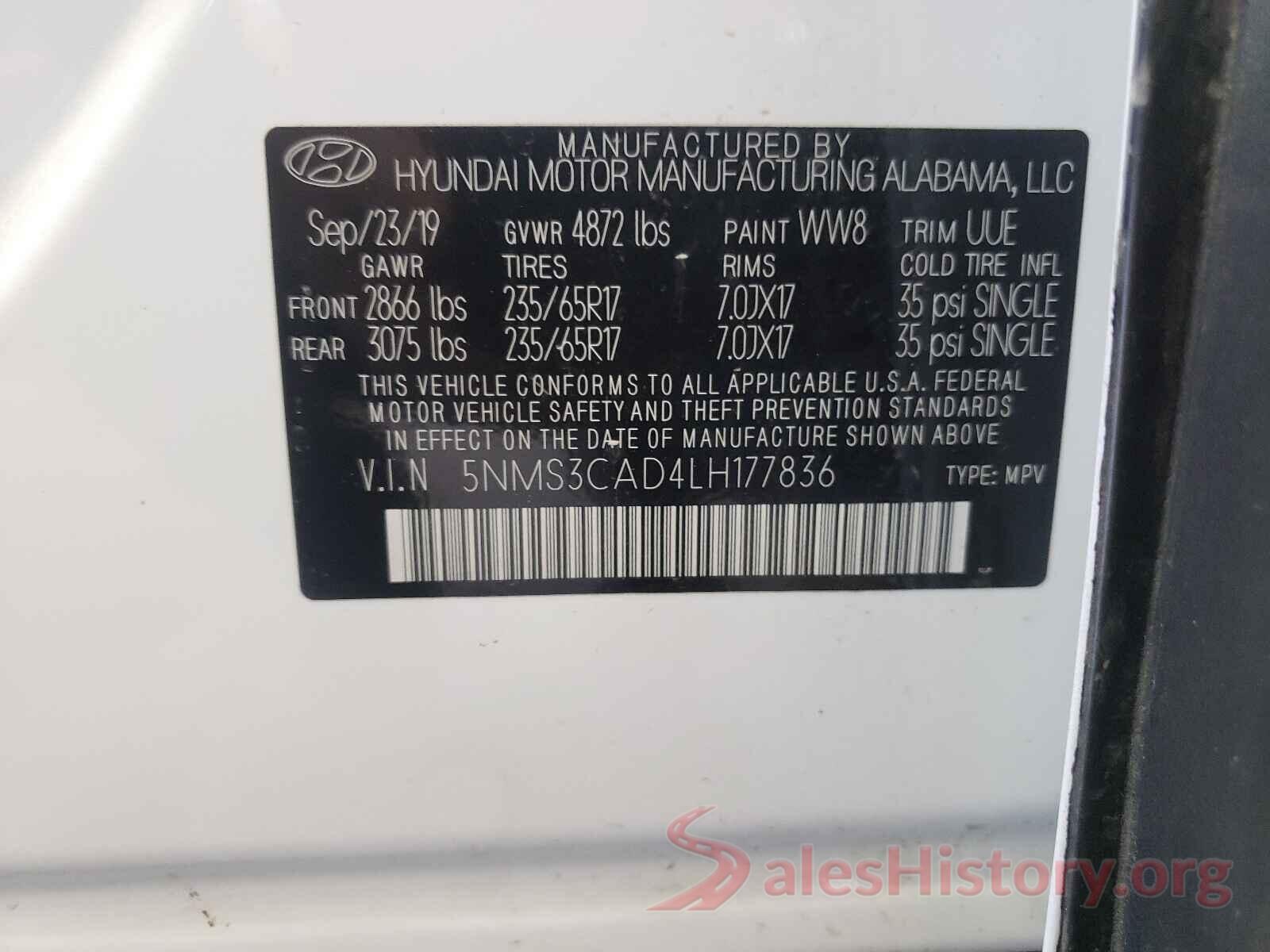 5NMS3CAD4LH177836 2020 HYUNDAI SANTA FE