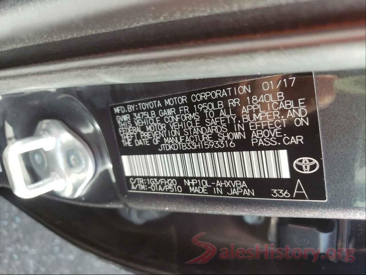 JTDKDTB33H1593316 2017 TOYOTA PRIUS