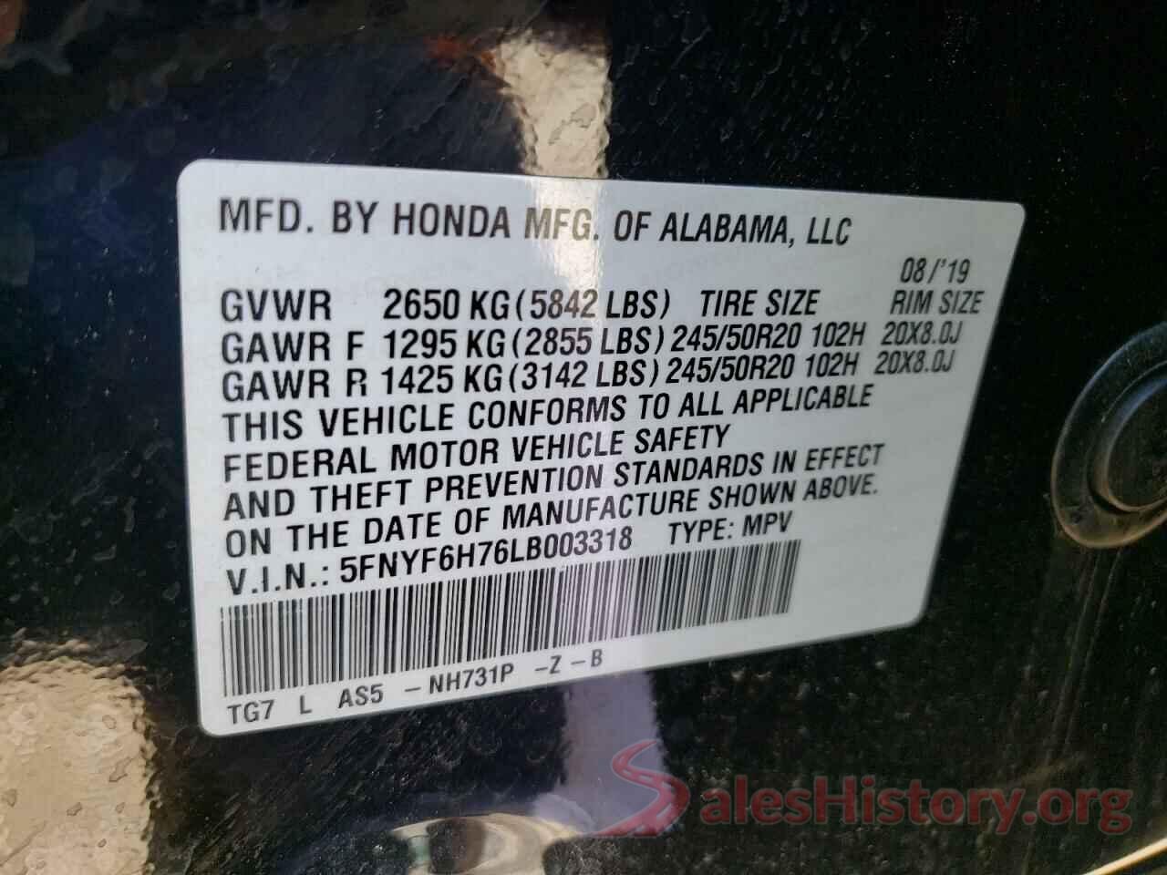 5FNYF6H76LB003318 2020 HONDA PILOT