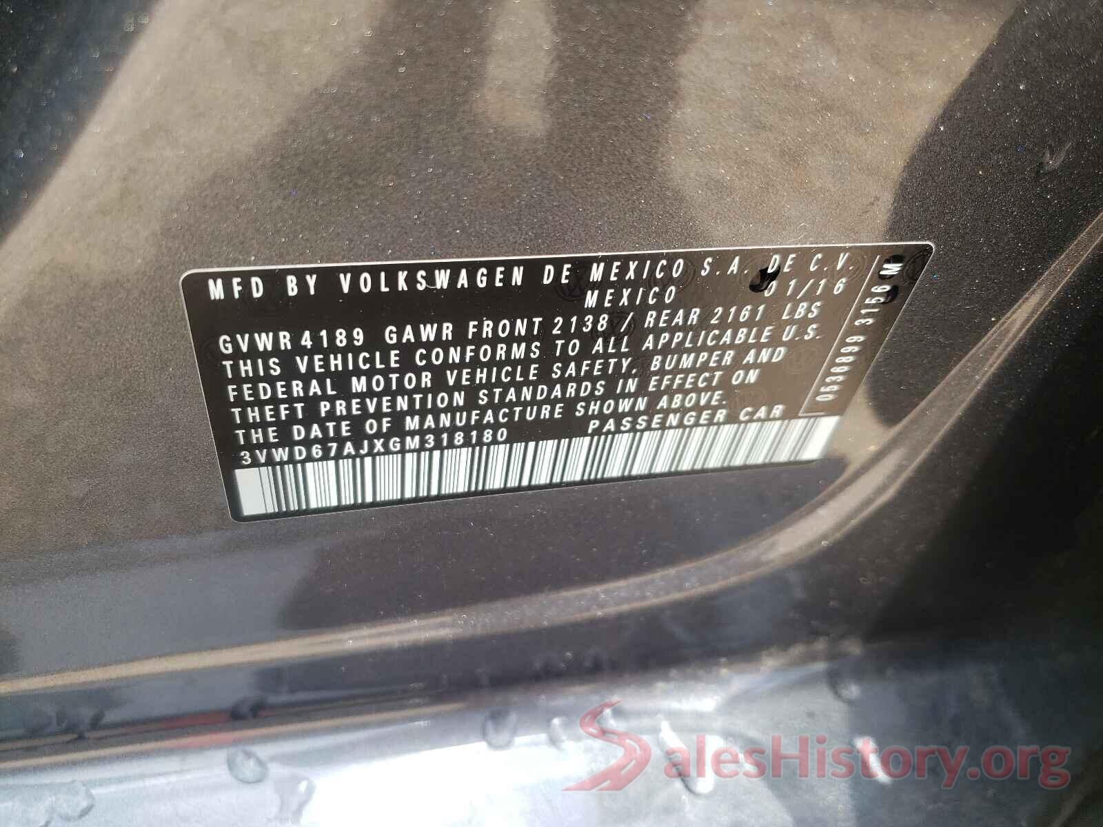 3VWD67AJXGM318180 2016 VOLKSWAGEN JETTA